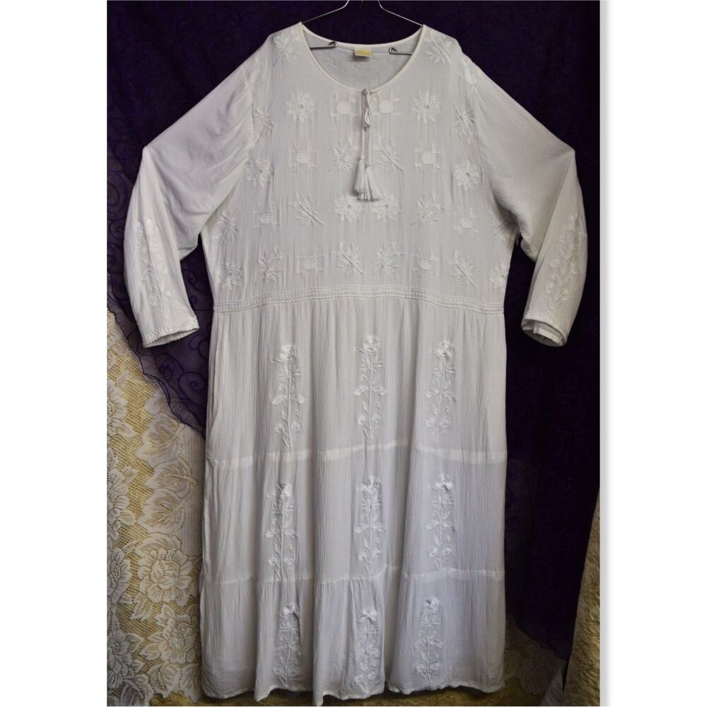 White Elegance Womens Plus Size 4XL White 100% Cotton Maxi Peasant Dress Fantasy